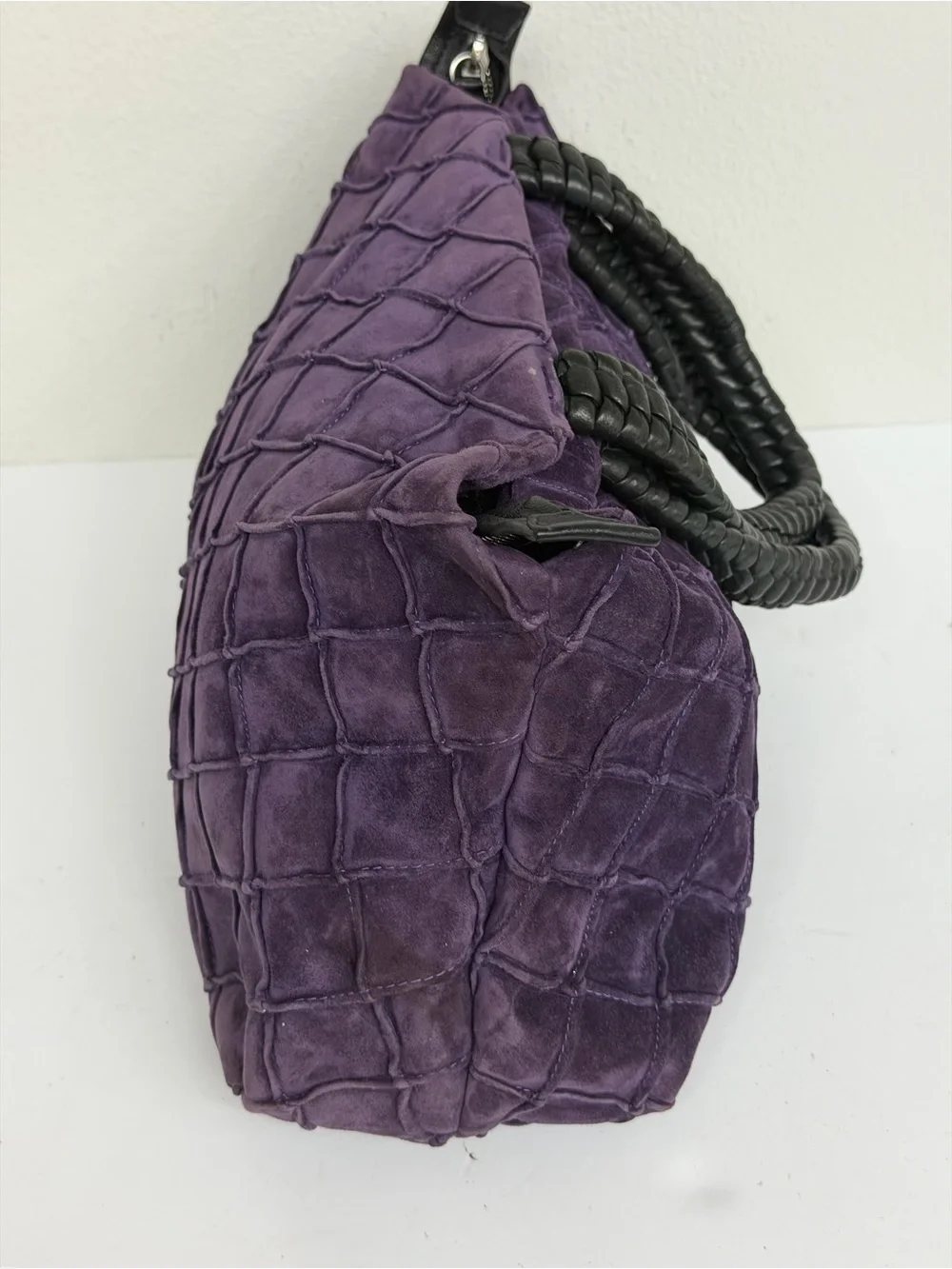 Giorgio Armani Purple Suede Woven Leather Top Handle Handbag Made in Italy